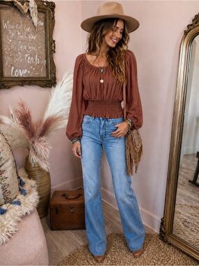 Women's Rust Smocked Waist Peasant Blouse